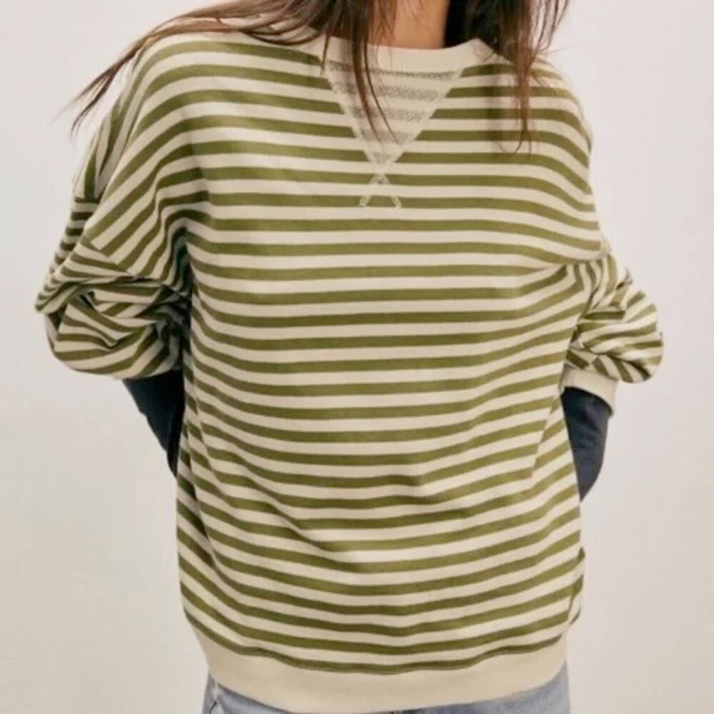 Free People Classic Striped Oversized Crewneck Sweatshirt Size Small